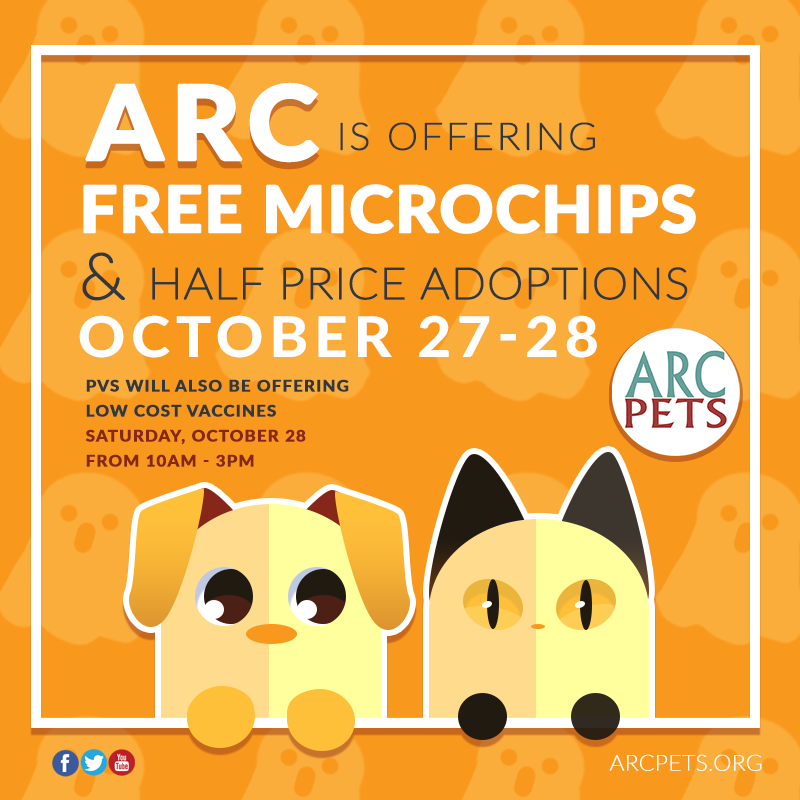 Image reading "free microchips at ARC on October 27 and 28, 2017."